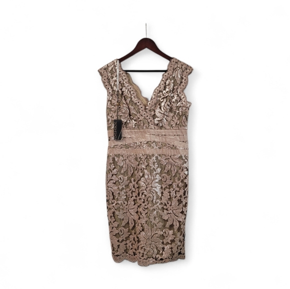 New Tadashi Shoji Taupe Sequin Lace Sheath Midi Dress Size 12 P Petite Sleevless - Picture 4 of 9